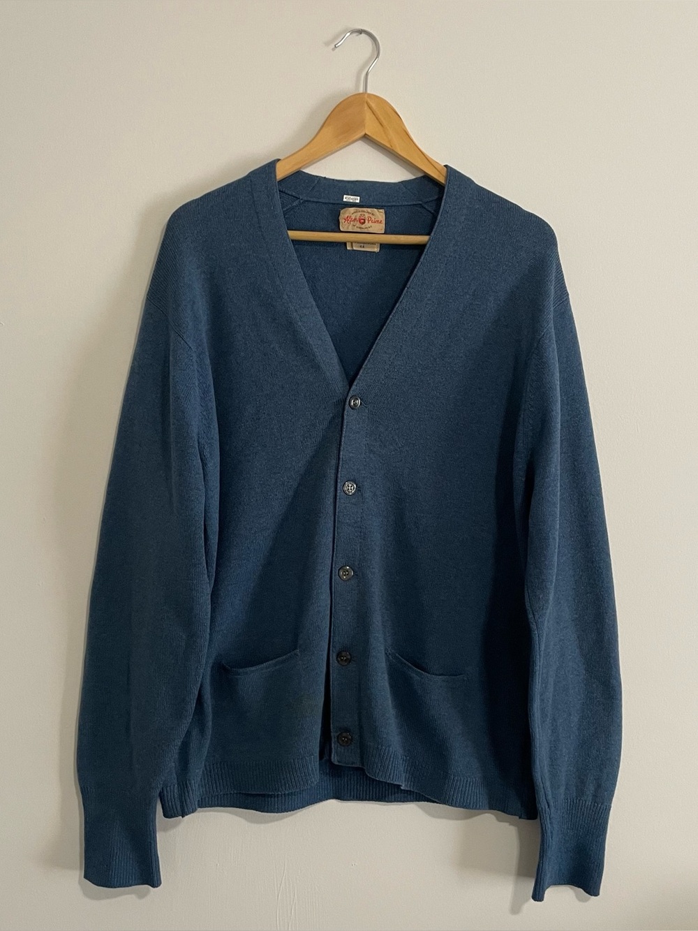 Alan Paine Pure Lambswool Knit Cardigan Mens Size 44 Blue Vintage England Made J